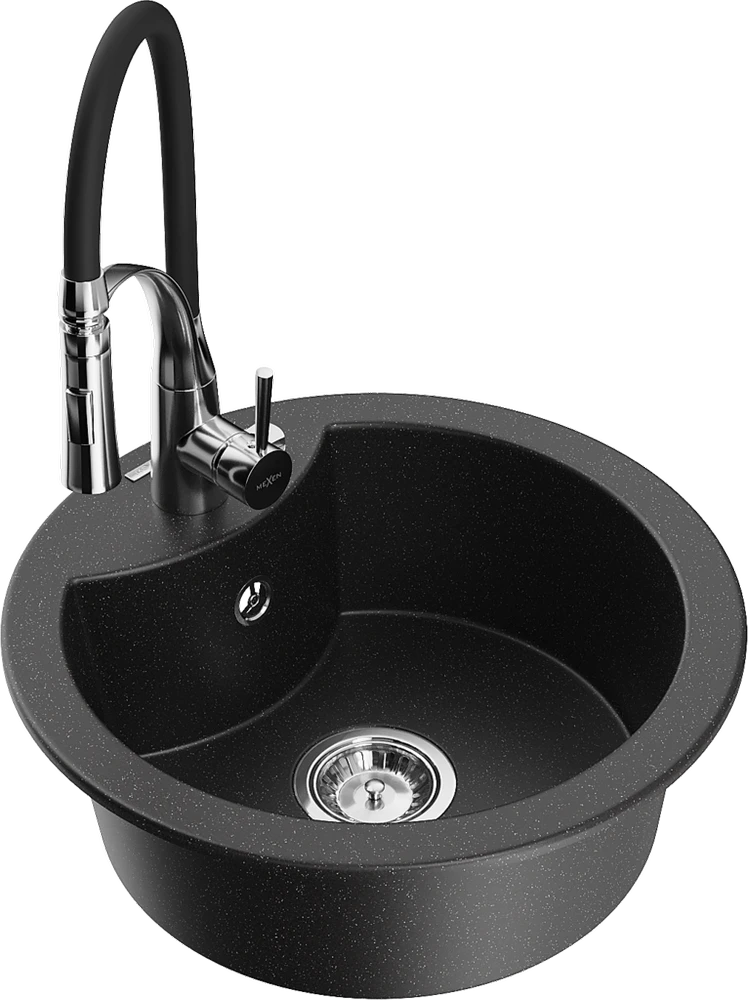 Granitinė virtuvinė plautuvė Mexen Diego su maišytuvu ir sifonu, Metallic juodas/sidabrinis+Juodas/Chrome