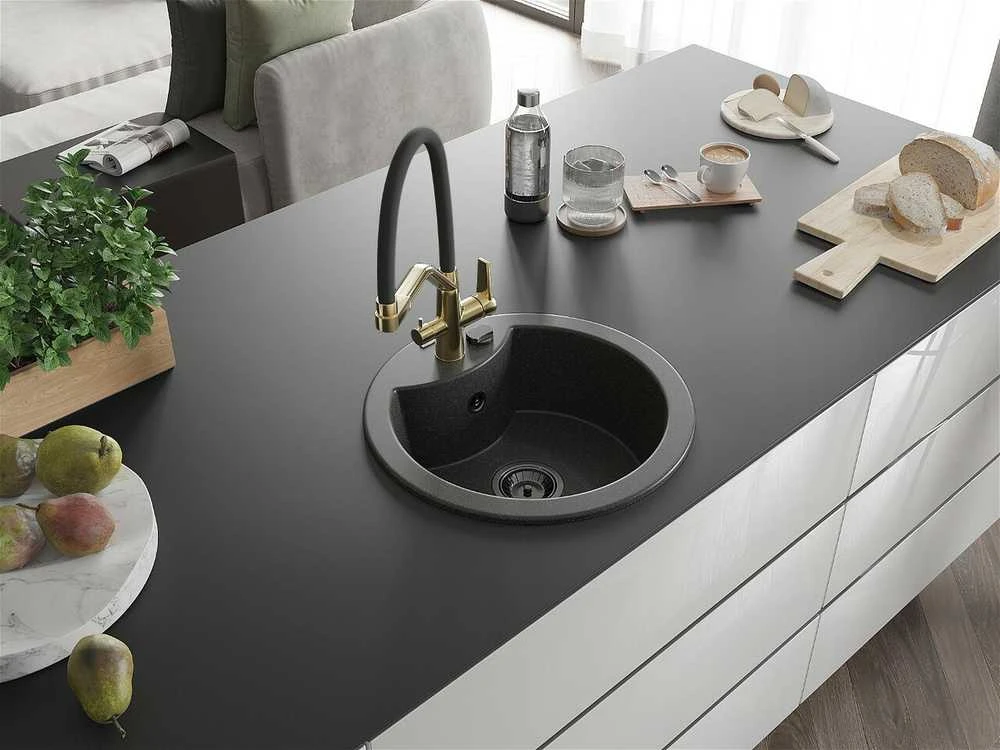 Granitinė virtuvinė plautuvė Mexen Diego su maišytuvu ir sifonu, Juodas granite+Juodas/Gold