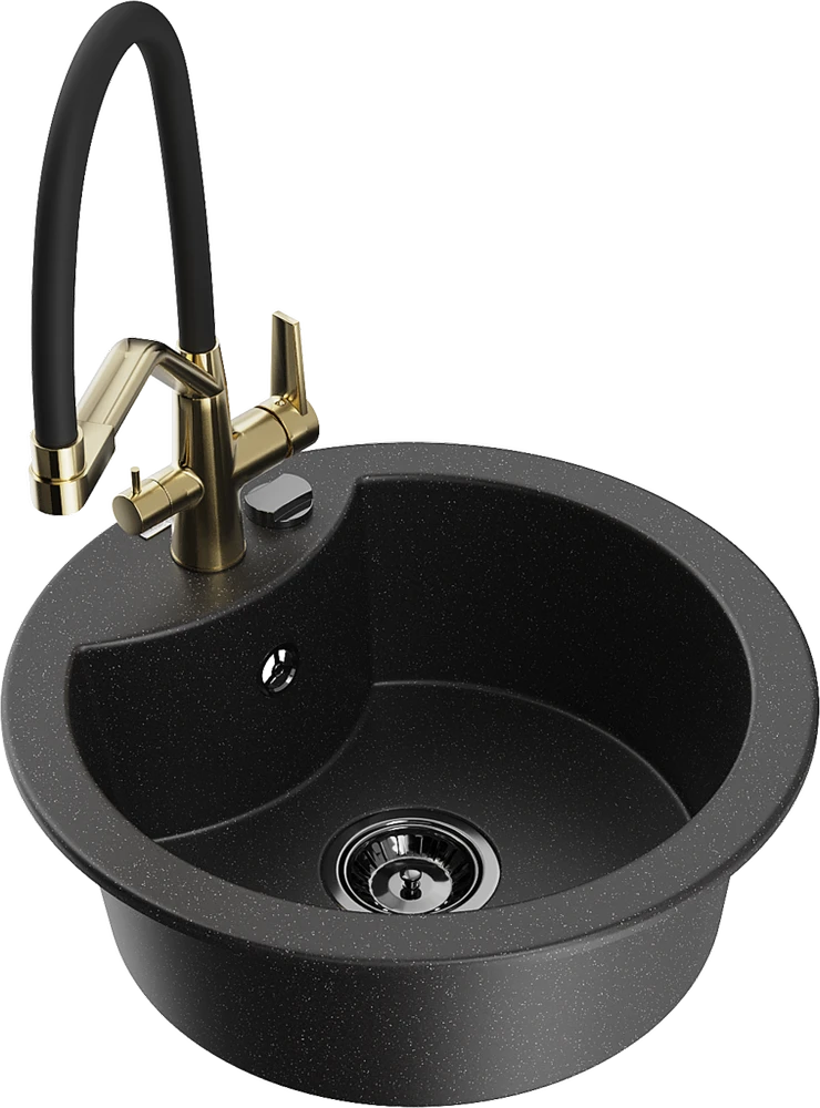 Granitinė virtuvinė plautuvė Mexen Diego su maišytuvu ir sifonu, Metallic juodas/sidabrinis+Juodas/Gold