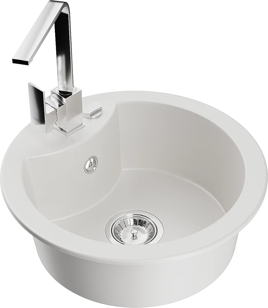 Granitinė virtuvinė plautuvė Mexen Diego su maišytuvu ir sifonu, Baltas+Chrome