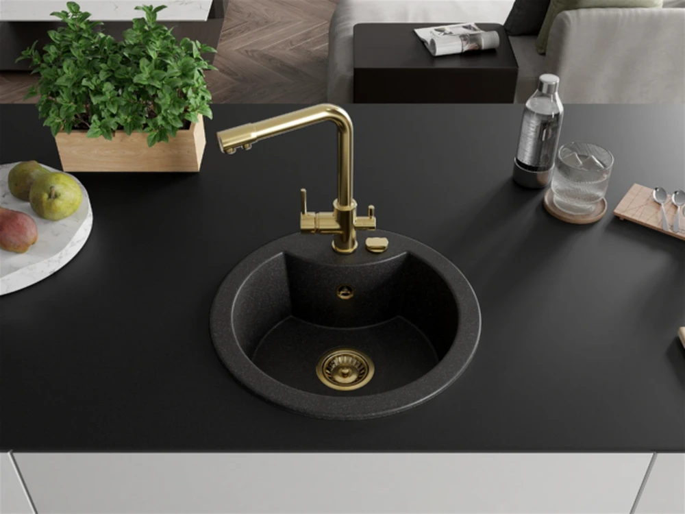 Granitinė virtuvinė plautuvė Mexen Diego su maišytuvu ir sifonu, Juodas granite+Gold