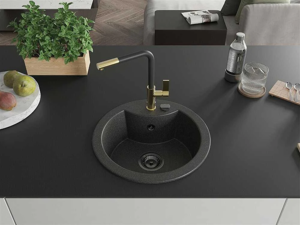 Granitinė virtuvinė plautuvė Mexen Diego su maišytuvu ir sifonu, Juodas granite+Juodas/Gold