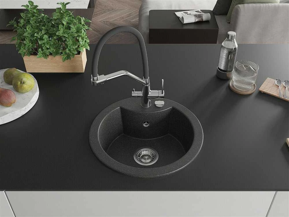 Granitinė virtuvinė plautuvė Mexen Diego su maišytuvu ir sifonu, Juodas granite+Juodas/Chrome