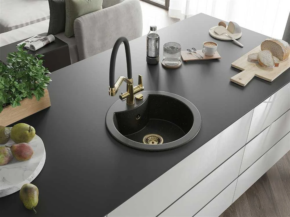 Granitinė virtuvinė plautuvė Mexen Diego su maišytuvu ir sifonu, Metallic juodas/auksinis+Juodas/Gold