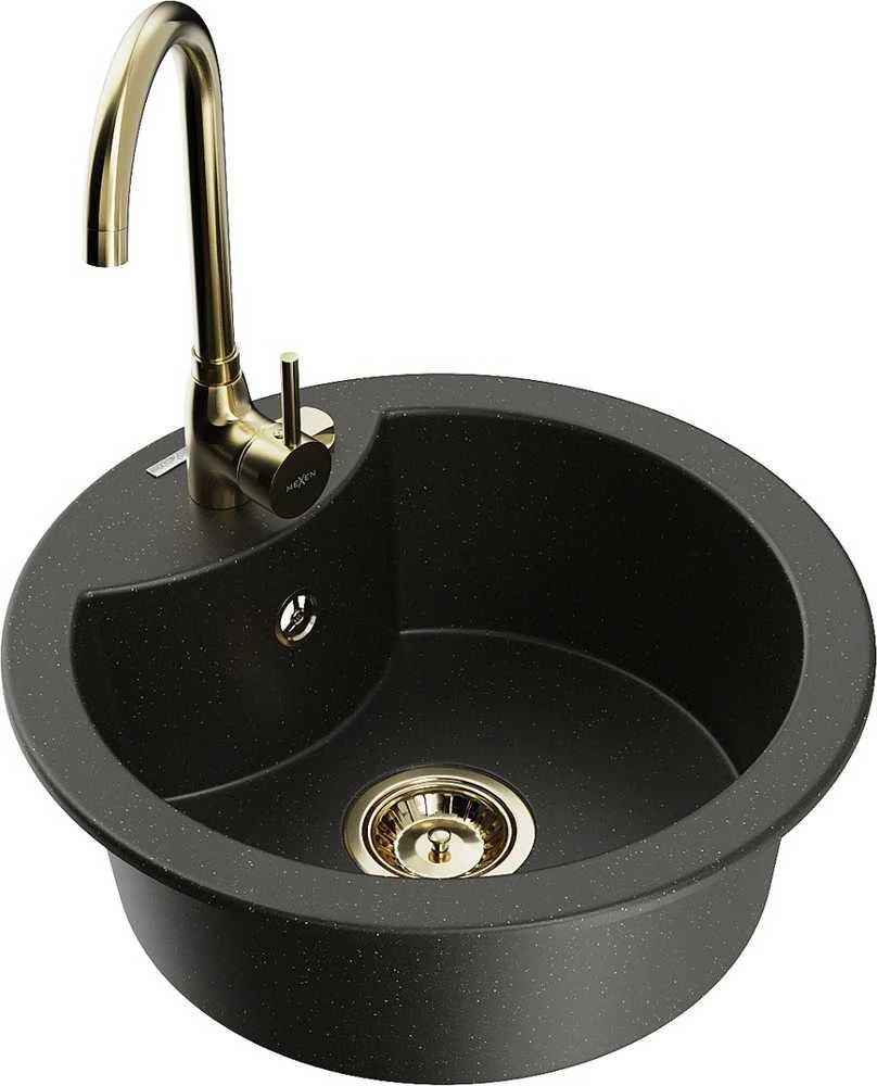 Granitinė virtuvinė plautuvė Mexen Diego su maišytuvu ir sifonu, Metallic juodas/auksinis+Gold