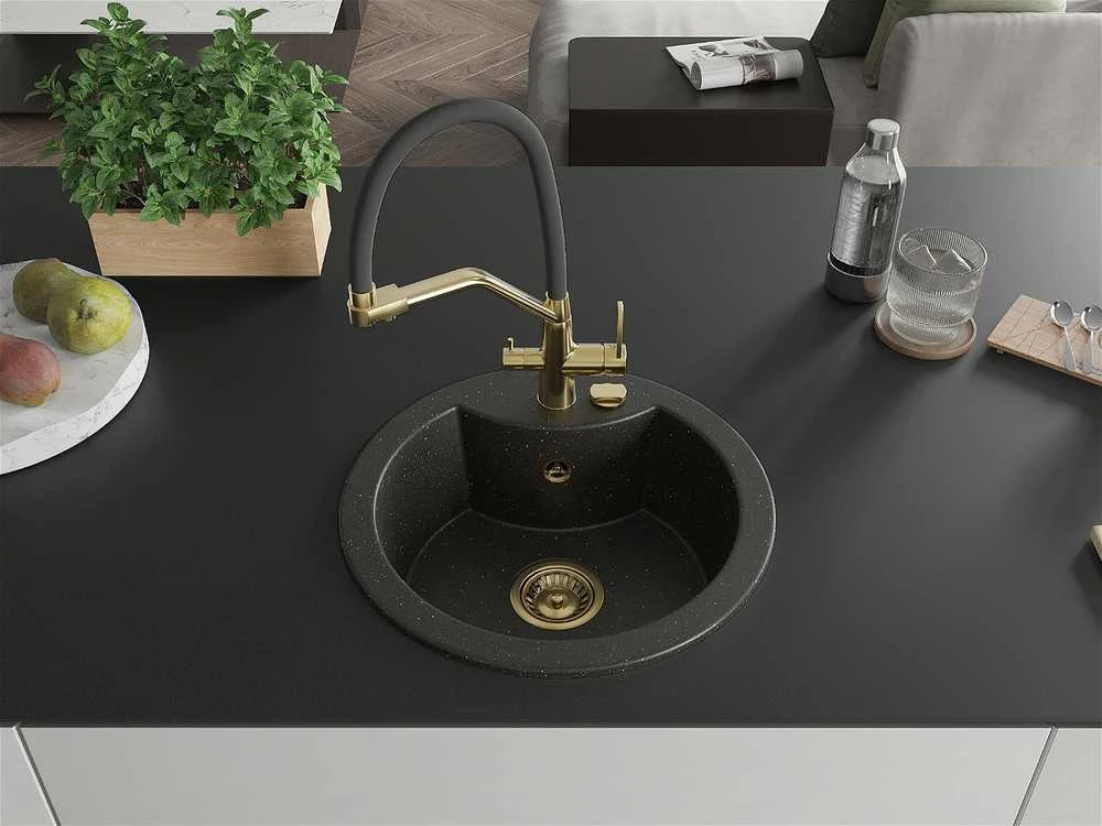 Granitinė virtuvinė plautuvė Mexen Diego su maišytuvu ir sifonu, Metallic juodas/auksinis+Juodas/Gold