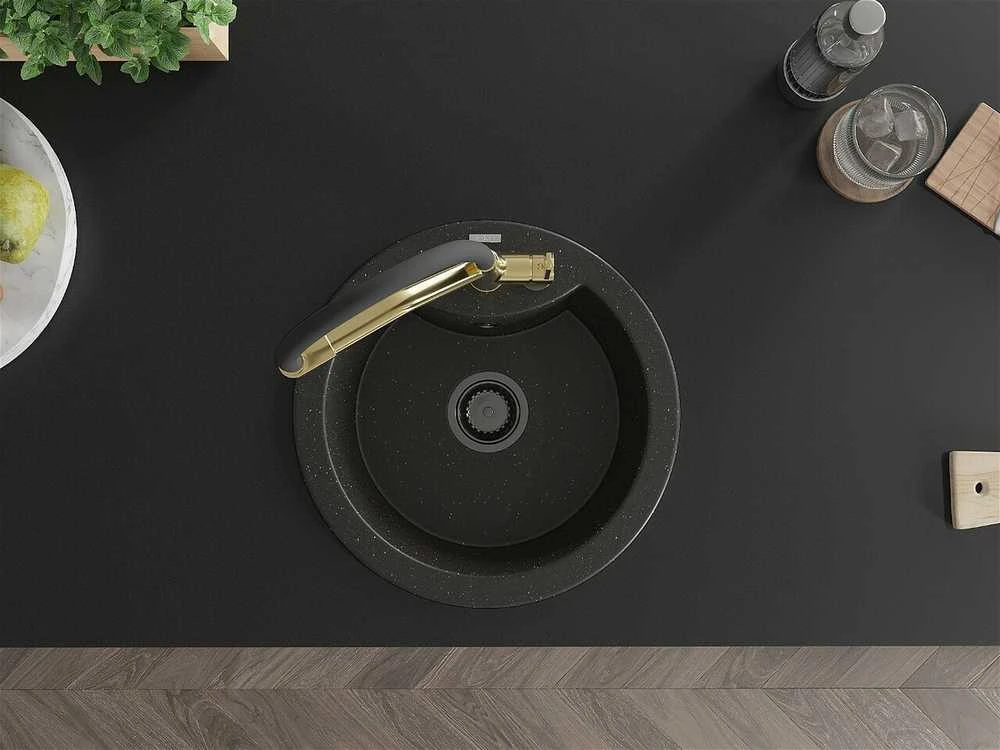 Granitinė virtuvinė plautuvė Mexen Diego su maišytuvu ir sifonu, Metallic juodas/auksinis+Juodas/Gold