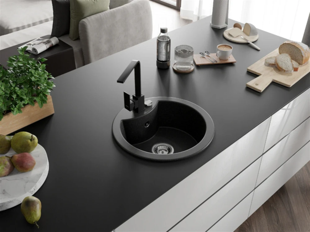 Granitinė virtuvinė plautuvė Mexen Diego su maišytuvu ir sifonu, Juodas granite+Juodas
