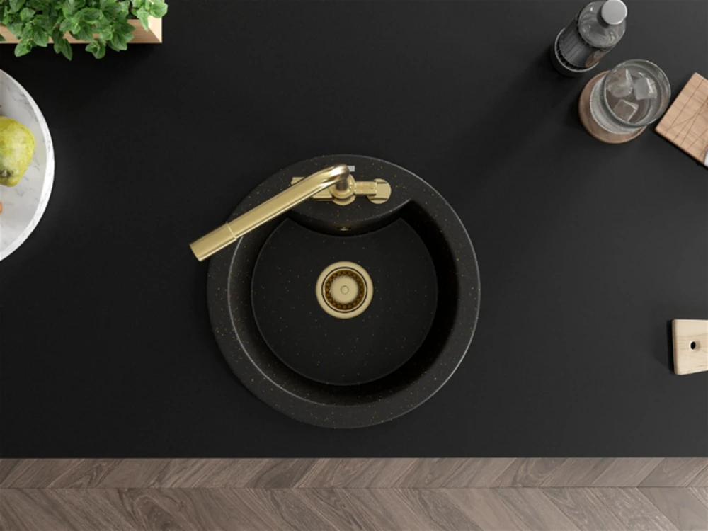 Granitinė virtuvinė plautuvė Mexen Diego su maišytuvu ir sifonu, Metallic juodas/auksinis+Gold