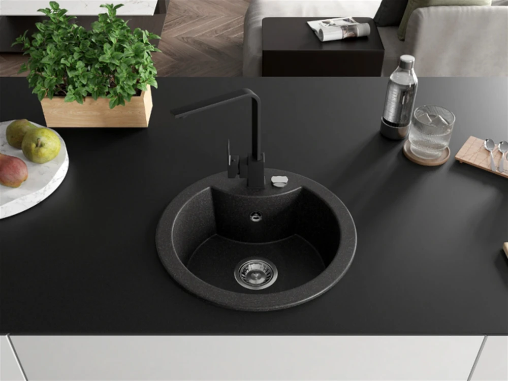 Granitinė virtuvinė plautuvė Mexen Diego su maišytuvu ir sifonu, Juodas granite+Juodas