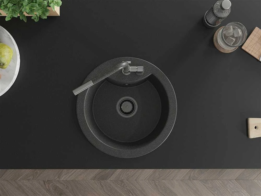 Granitinė virtuvinė plautuvė Mexen Diego su maišytuvu ir sifonu, Juodas granite+Juodas granite/Chrome