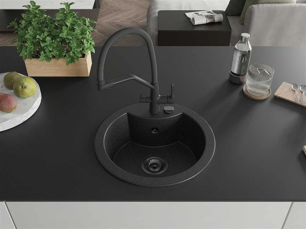 Granitinė virtuvinė plautuvė Mexen Diego su maišytuvu ir sifonu, Metallic juodas/sidabrinis+Juodas