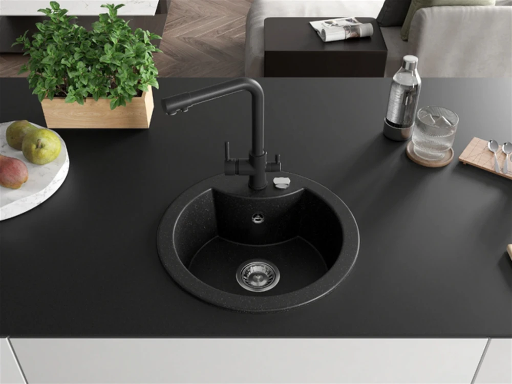 Granitinė virtuvinė plautuvė Mexen Diego su maišytuvu ir sifonu, Metallic juodas/sidabrinis+Juodas