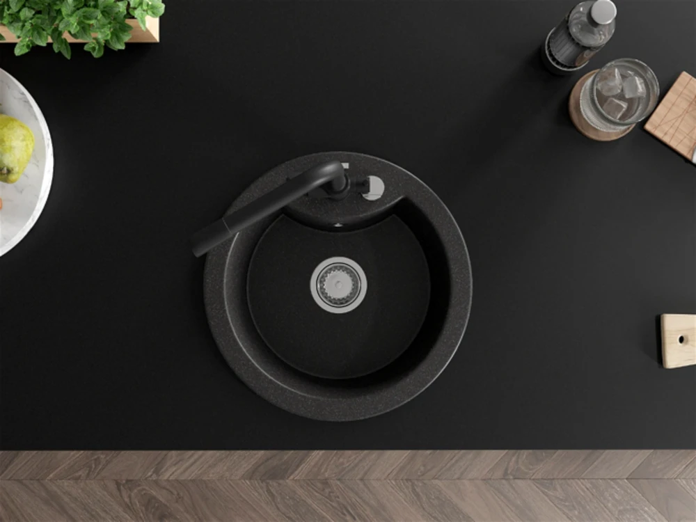 Granitinė virtuvinė plautuvė Mexen Diego su maišytuvu ir sifonu, Juodas granite+Juodas