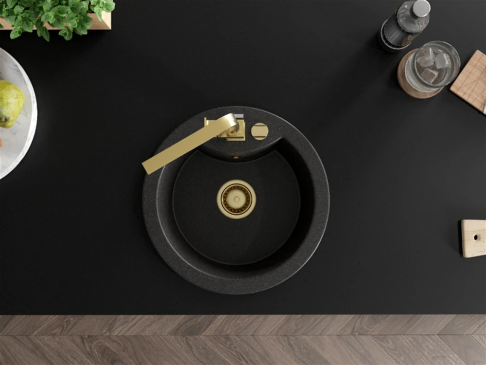 Granitinė virtuvinė plautuvė Mexen Diego su maišytuvu ir sifonu, Juodas granite+Gold