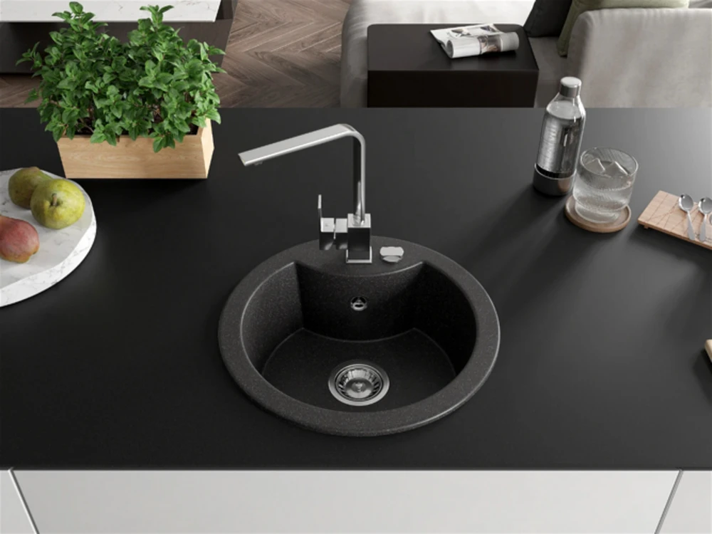 Granitinė virtuvinė plautuvė Mexen Diego su maišytuvu ir sifonu, Juodas granite+Chrome