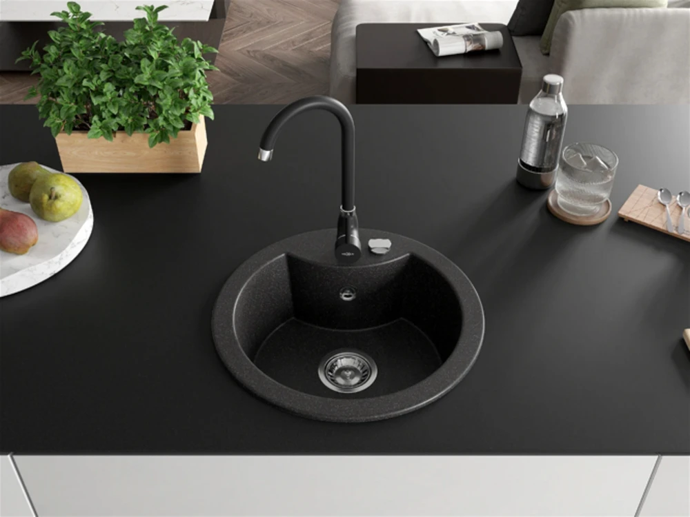 Granitinė virtuvinė plautuvė Mexen Diego su maišytuvu ir sifonu, Juodas granite+Juodas