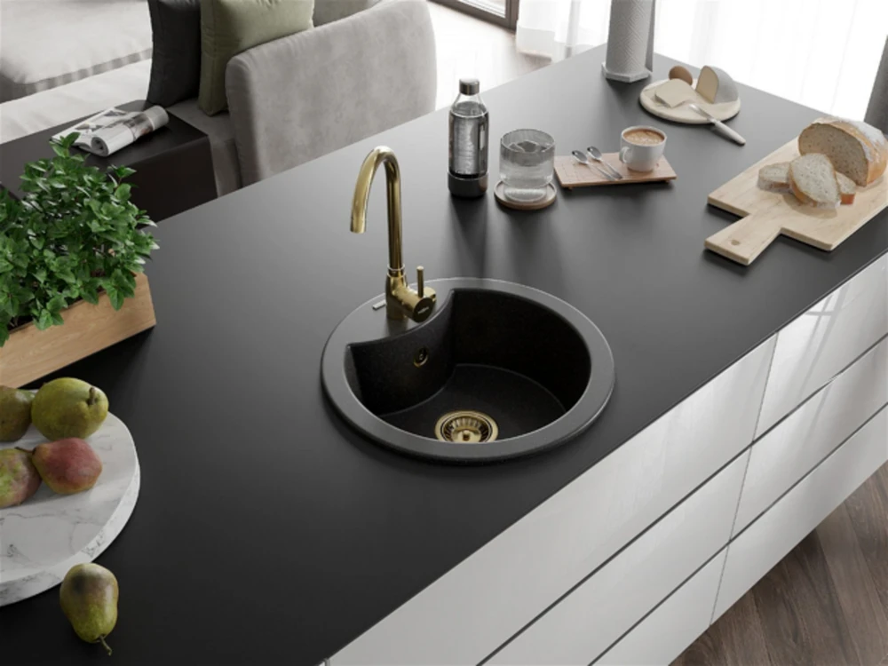 Granitinė virtuvinė plautuvė Mexen Diego su maišytuvu ir sifonu, Juodas granite+Gold