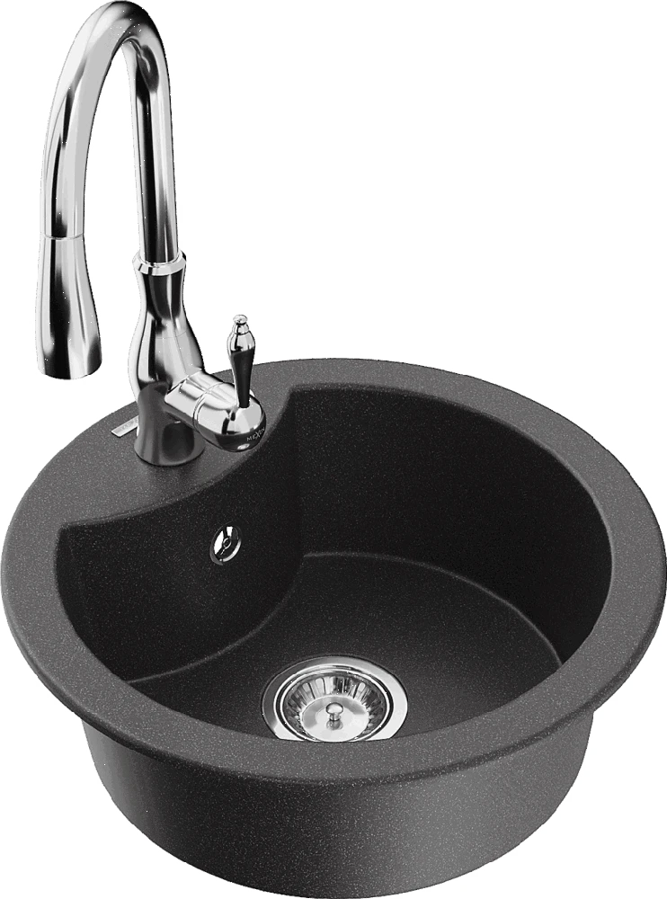Granitinė virtuvinė plautuvė Mexen Diego su maišytuvu ir sifonu, Juodas granite+Chrome