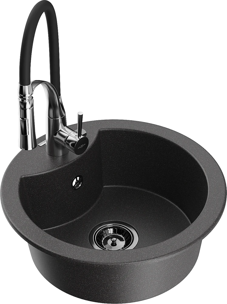 Granitinė virtuvinė plautuvė Mexen Diego su maišytuvu ir sifonu, Juodas granite+Juodas/Chrome