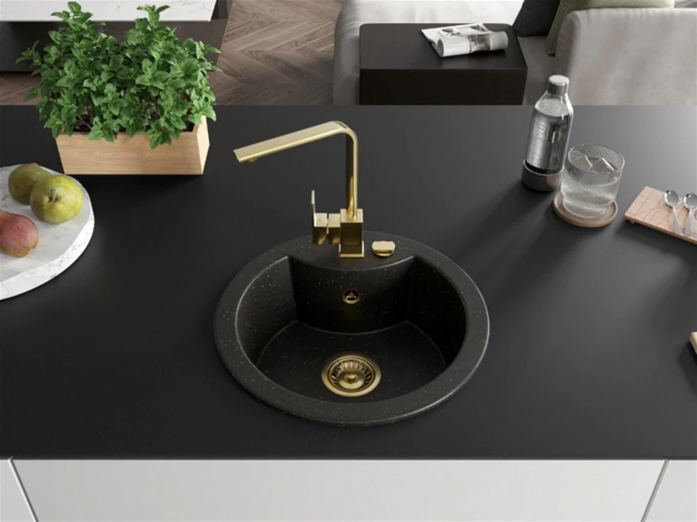 Granitinė virtuvinė plautuvė Mexen Diego su maišytuvu ir sifonu, Metallic juodas/auksinis+Gold