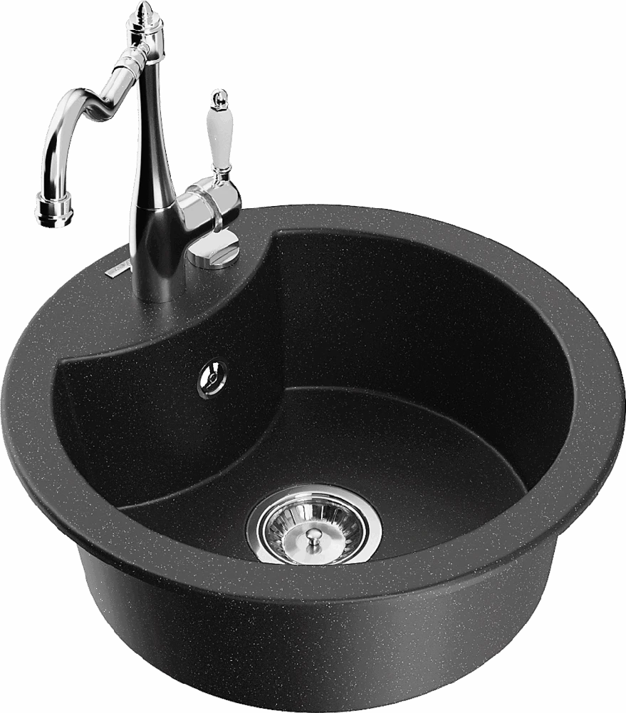 Granitinė virtuvinė plautuvė Mexen Diego su maišytuvu ir sifonu, Metallic juodas/sidabrinis+Chrome