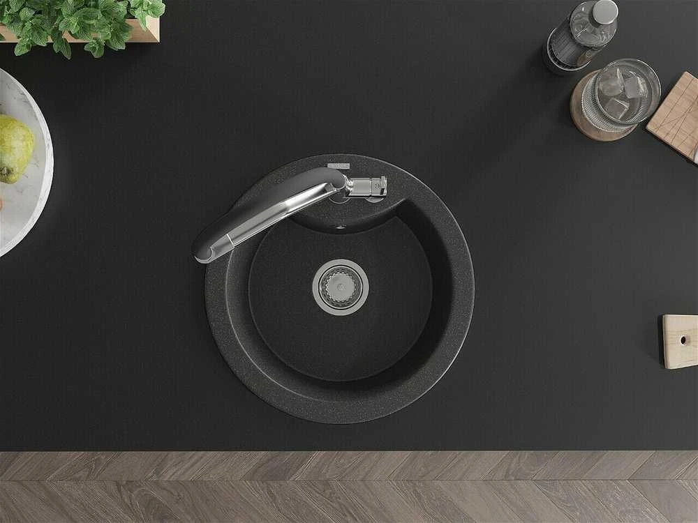 Granitinė virtuvinė plautuvė Mexen Diego su maišytuvu ir sifonu, Juodas granite+Juodas/Chrome