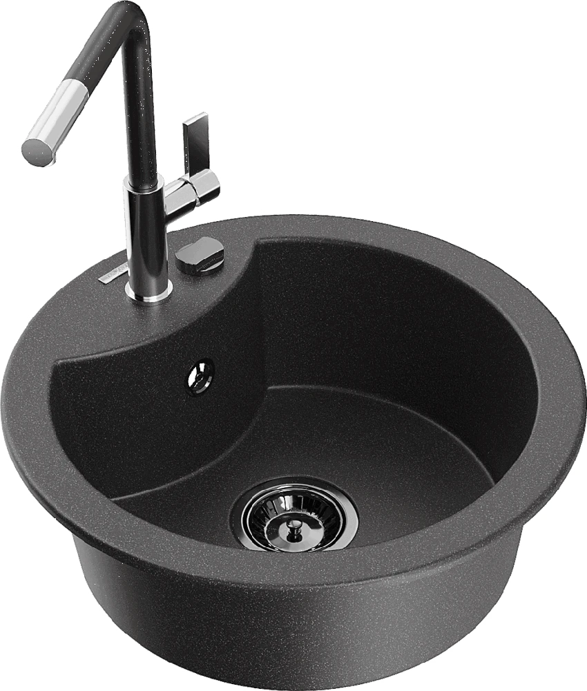 Granitinė virtuvinė plautuvė Mexen Diego su maišytuvu ir sifonu, Juodas granite+Juodas/Chrome