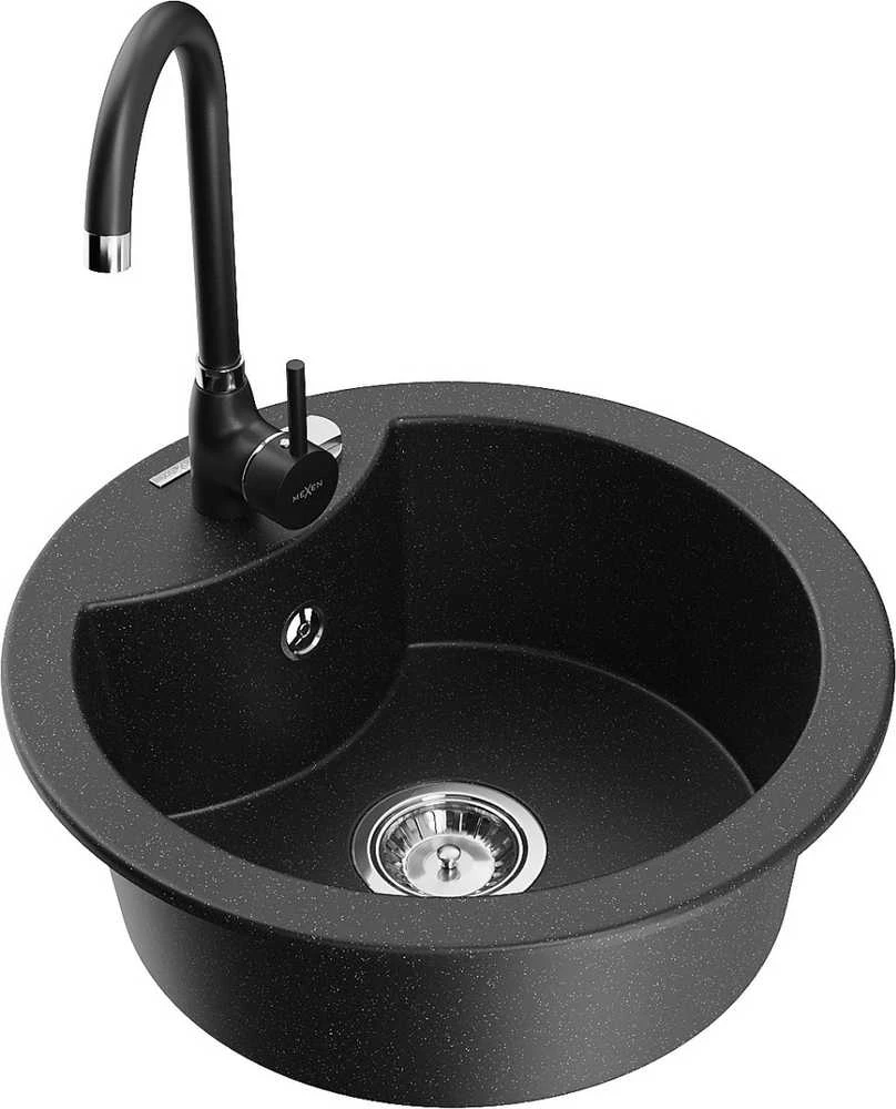 Granitinė virtuvinė plautuvė Mexen Diego su maišytuvu ir sifonu, Metallic juodas/sidabrinis+Juodas