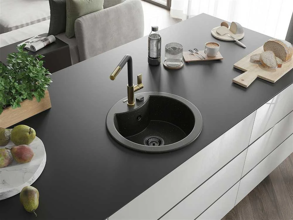 Granitinė virtuvinė plautuvė Mexen Diego su maišytuvu ir sifonu, Metallic juodas/auksinis+Juodas/Gold