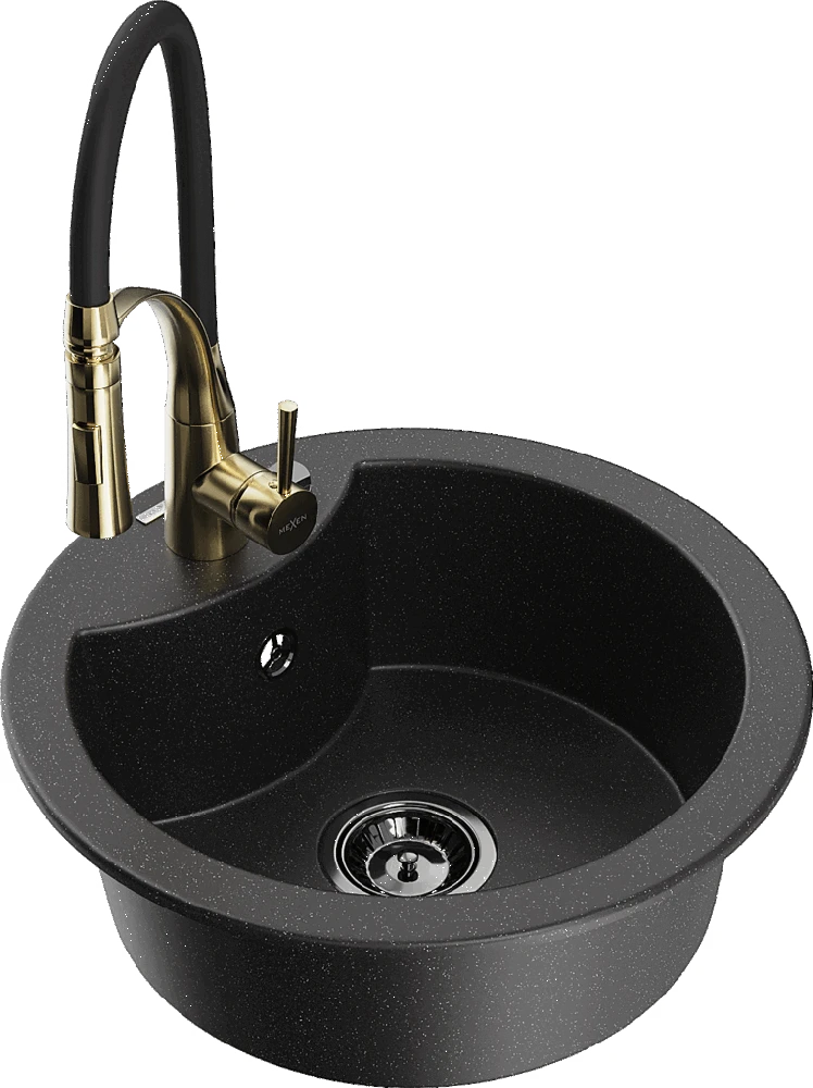 Granitinė virtuvinė plautuvė Mexen Diego su maišytuvu ir sifonu, Metallic juodas/sidabrinis+Juodas/Gold
