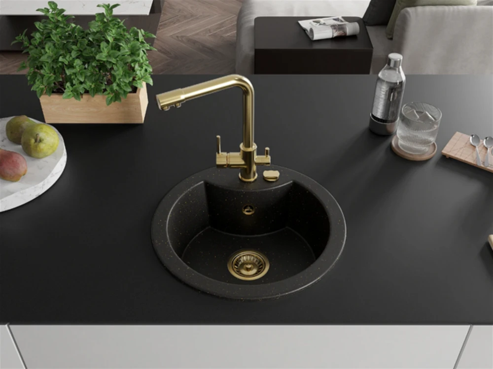 Granitinė virtuvinė plautuvė Mexen Diego su maišytuvu ir sifonu, Metallic juodas/auksinis+Gold