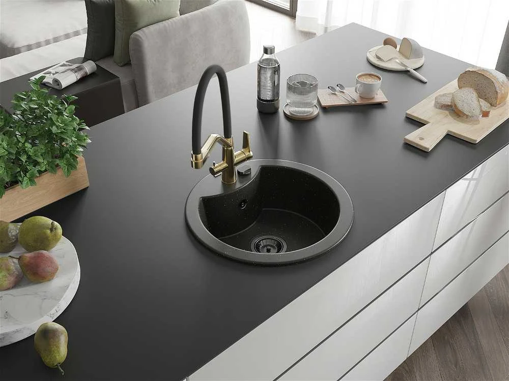 Granitinė virtuvinė plautuvė Mexen Diego su maišytuvu ir sifonu, Metallic juodas/auksinis+Juodas/Gold