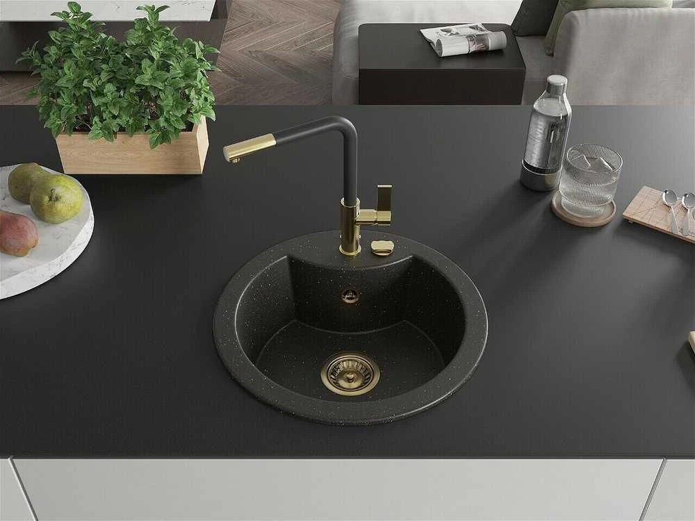 Granitinė virtuvinė plautuvė Mexen Diego su maišytuvu ir sifonu, Metallic juodas/auksinis+Juodas/Gold