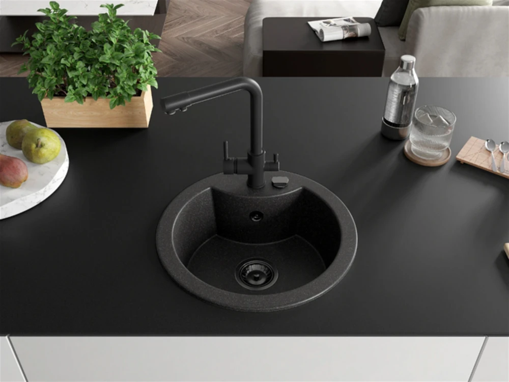 Granitinė virtuvinė plautuvė Mexen Diego su maišytuvu ir sifonu, Juodas granite+Juodas(B)