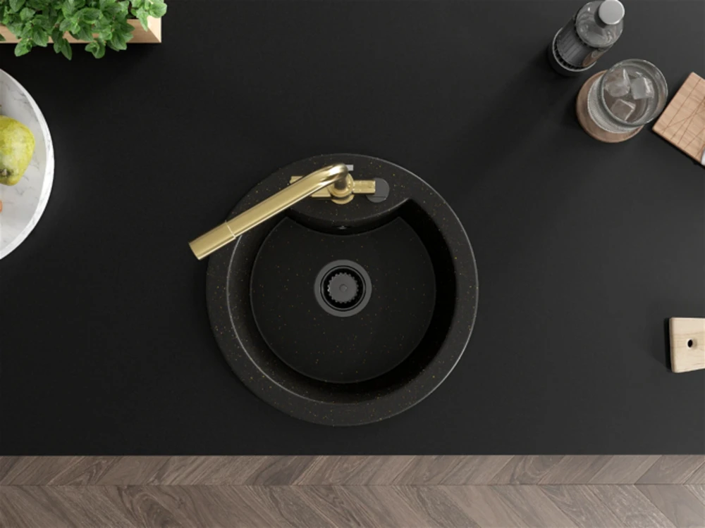 Granitinė virtuvinė plautuvė Mexen Diego su maišytuvu ir sifonu, Metallic juodas/auksinis+Gold(B)