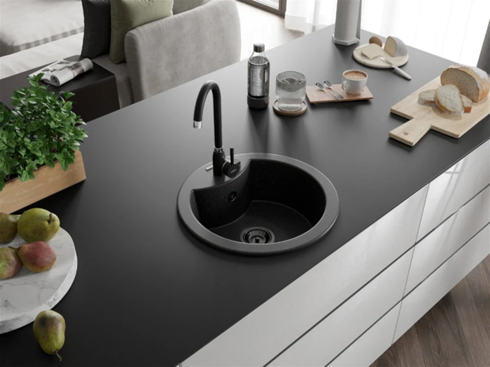 Granitinė virtuvinė plautuvė Mexen Diego su maišytuvu ir sifonu, Juodas granite+Juodas(B)
