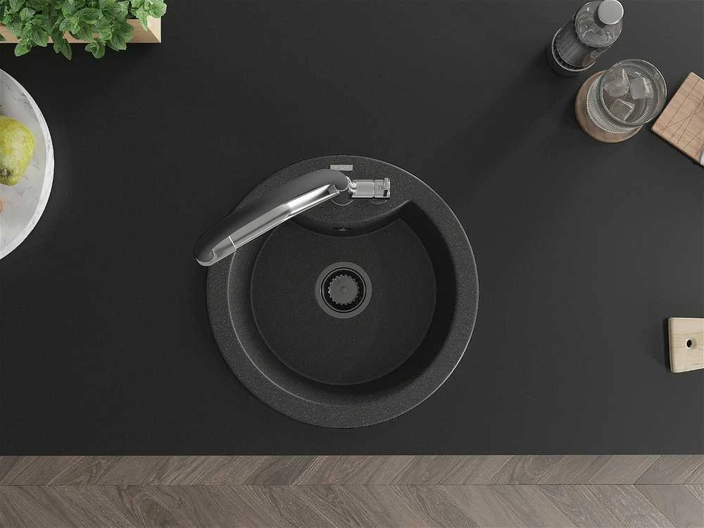 Granitinė virtuvinė plautuvė Mexen Diego su maišytuvu ir sifonu, Juodas granite+Juodas/Chrome