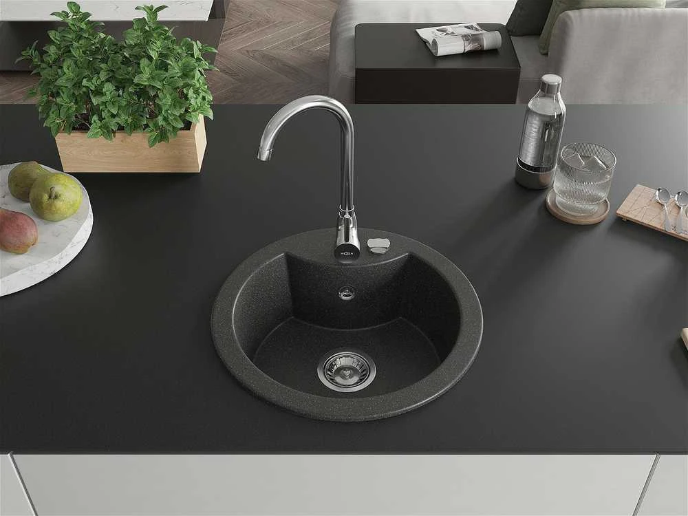 Granitinė virtuvinė plautuvė Mexen Diego su sifonu, Juodas granite+Chrome, 488 x 480 mm