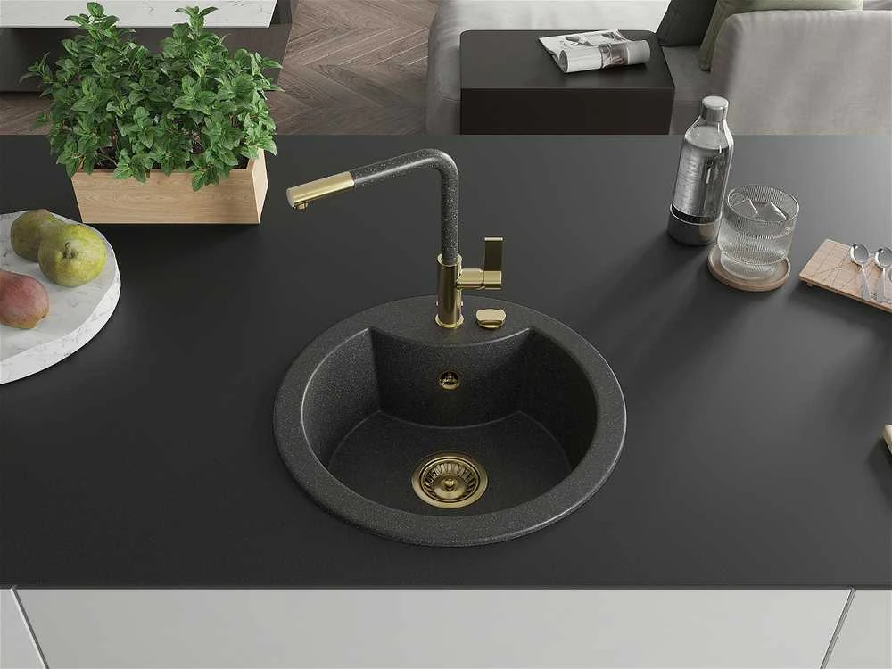 Granitinė virtuvinė plautuvė Mexen Diego su maišytuvu ir sifonu, Juodas granite+Juodas granite/Gold