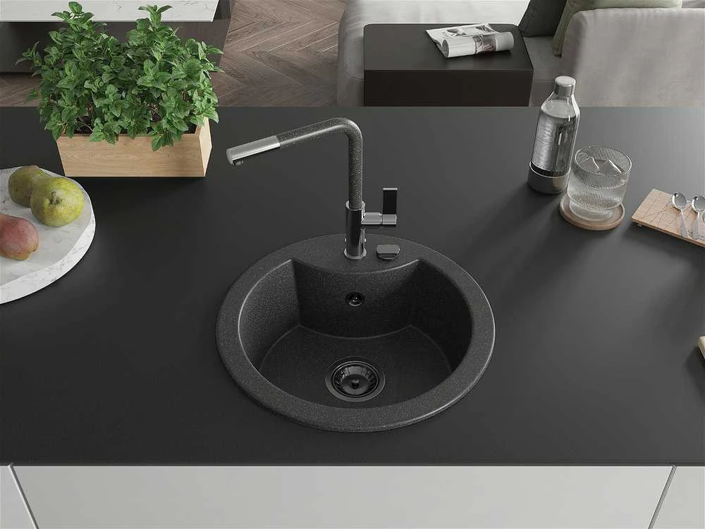 Granitinė virtuvinė plautuvė Mexen Diego su maišytuvu ir sifonu, Juodas granite+Juodas granite/Chrome