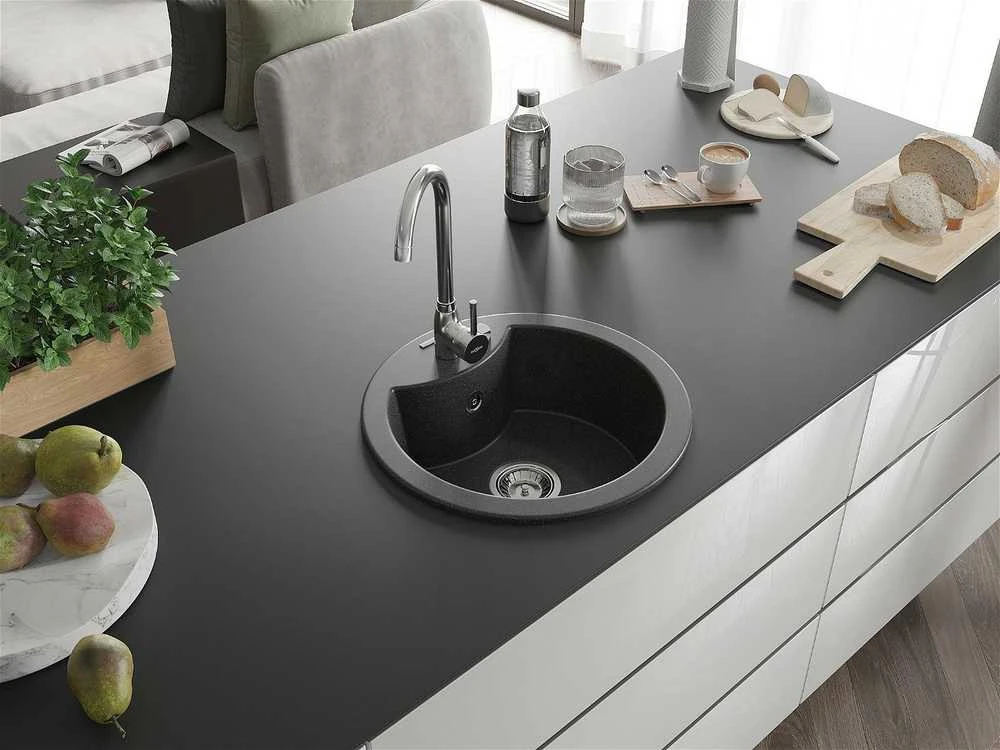 Granitinė virtuvinė plautuvė Mexen Diego su sifonu, Juodas granite+Chrome, 488 x 480 mm