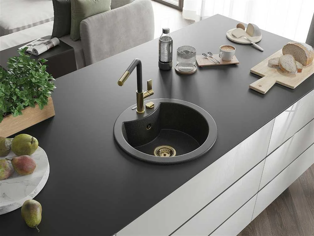 Granitinė virtuvinė plautuvė Mexen Diego su maišytuvu ir sifonu, Juodas granite+Juodas/Gold