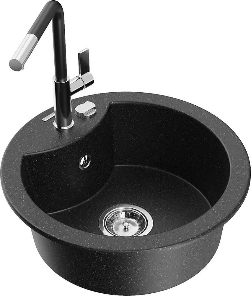 Granitinė virtuvinė plautuvė Mexen Diego su maišytuvu ir sifonu, Metallic juodas/sidabrinis+Juodas/Chrome