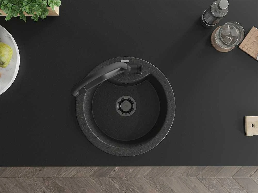 Granitinė virtuvinė plautuvė Mexen Diego su maišytuvu ir sifonu, Juodas granite+Juodas