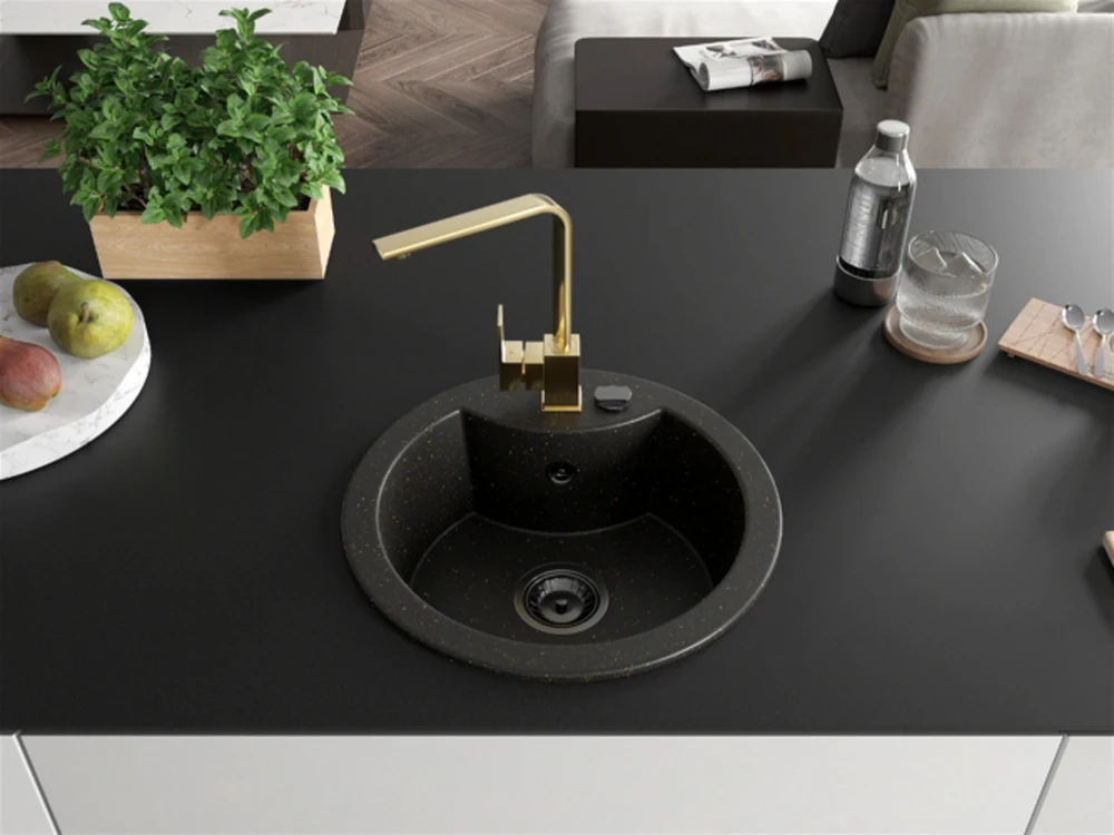 Granitinė virtuvinė plautuvė Mexen Diego su maišytuvu ir sifonu, Metallic juodas/auksinis+Gold(B)