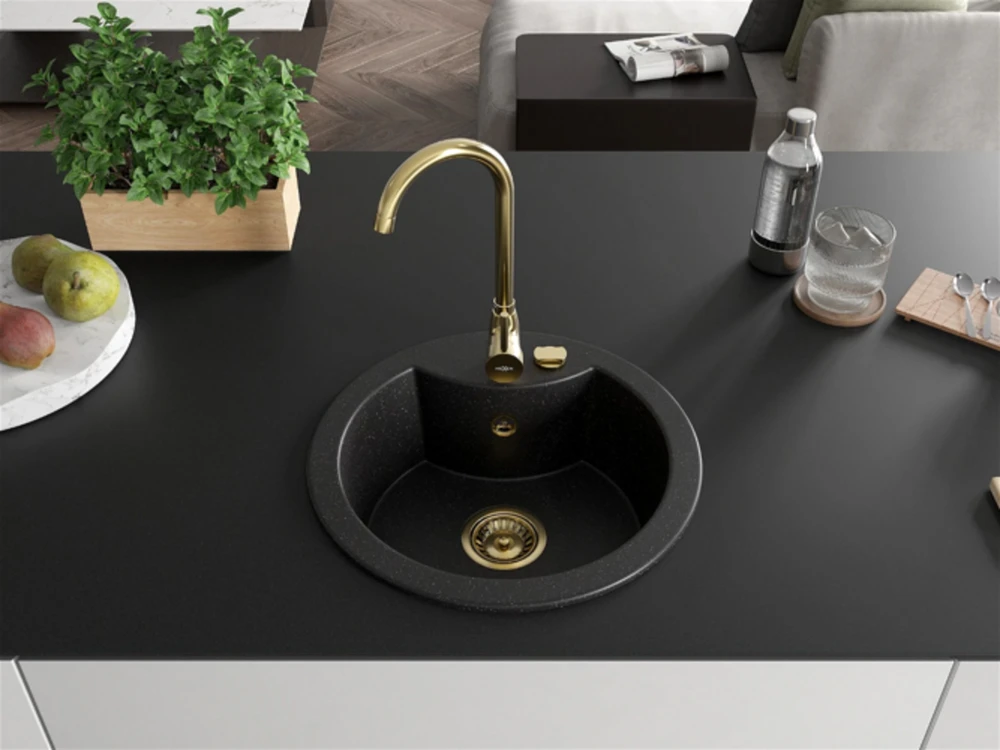 Granitinė virtuvinė plautuvė Mexen Diego su maišytuvu ir sifonu, Metallic juodas/sidabrinis+Gold