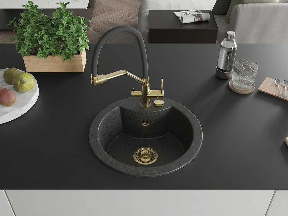 Granitinė virtuvinė plautuvė Mexen Diego su maišytuvu ir sifonu, Juodas granite+Juodas/Gold
