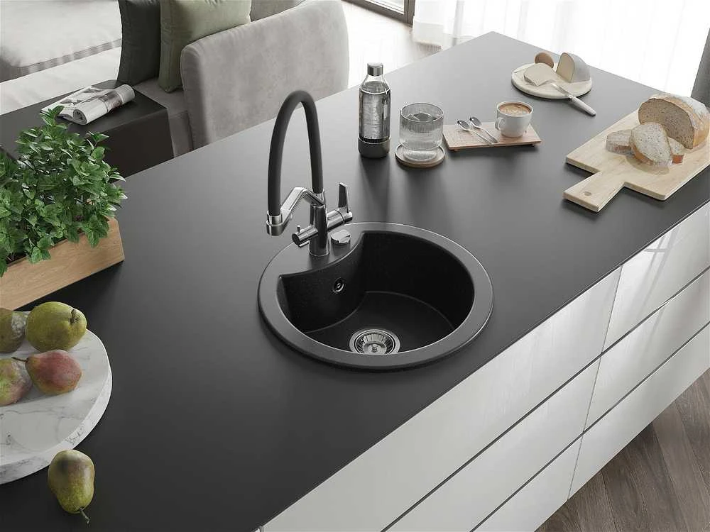 Granitinė virtuvinė plautuvė Mexen Diego su maišytuvu ir sifonu, Metallic juodas/sidabrinis+Juodas/Chrome