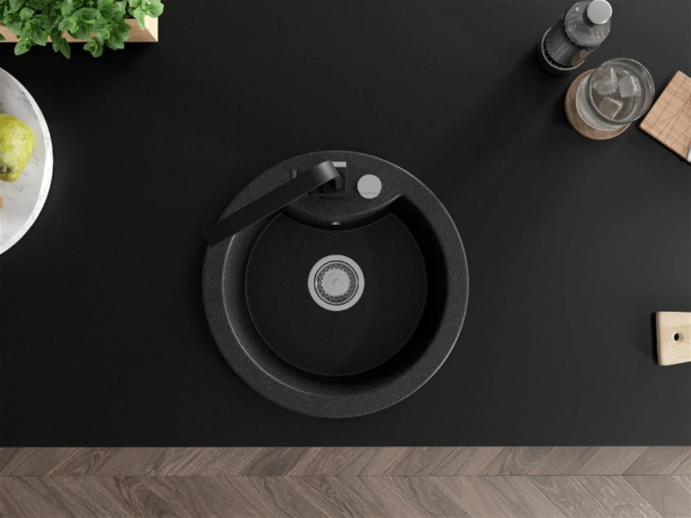 Granitinė virtuvinė plautuvė Mexen Diego su maišytuvu ir sifonu, Juodas granite+Juodas